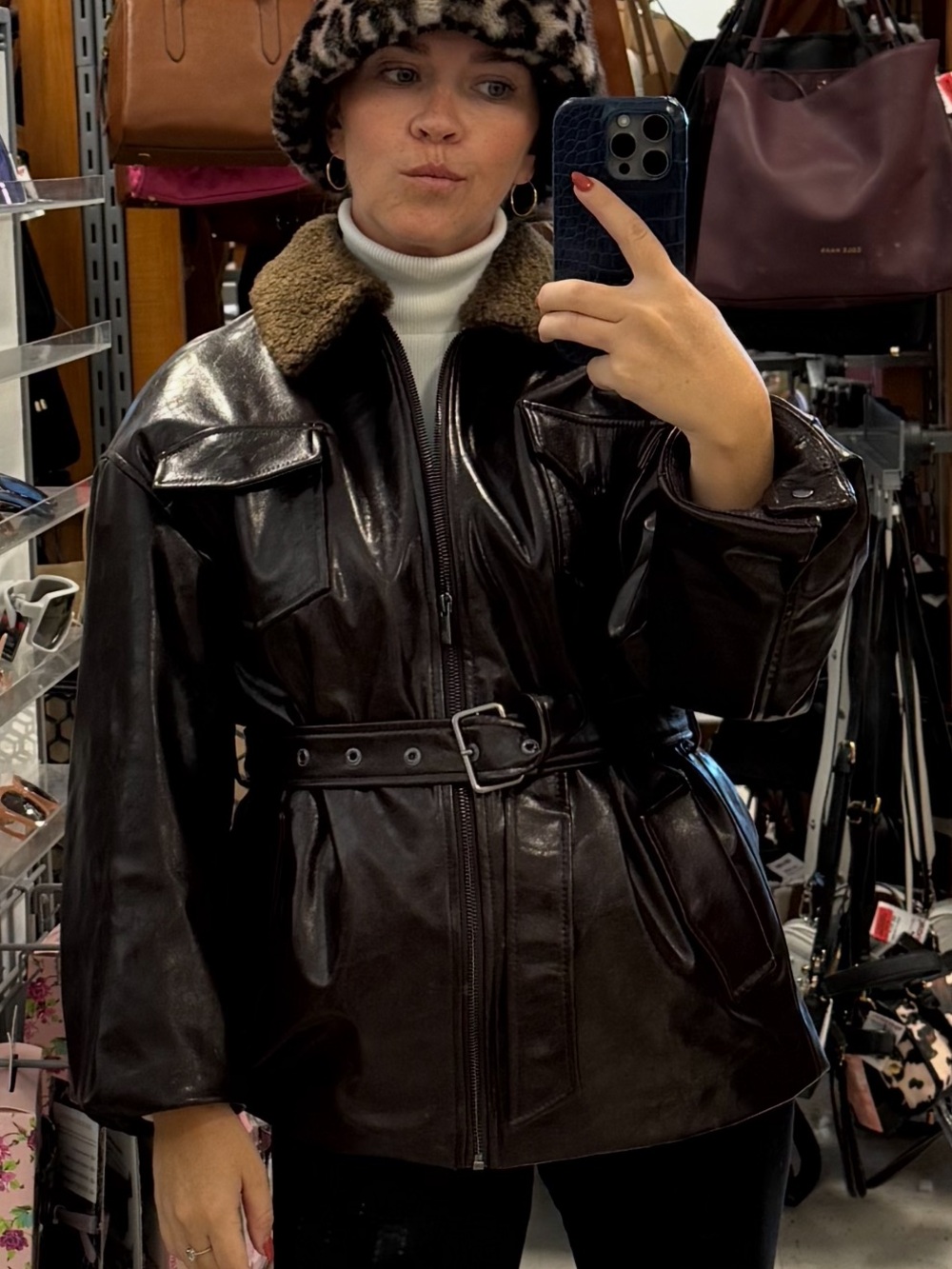 Brown Faux Leather Bomber